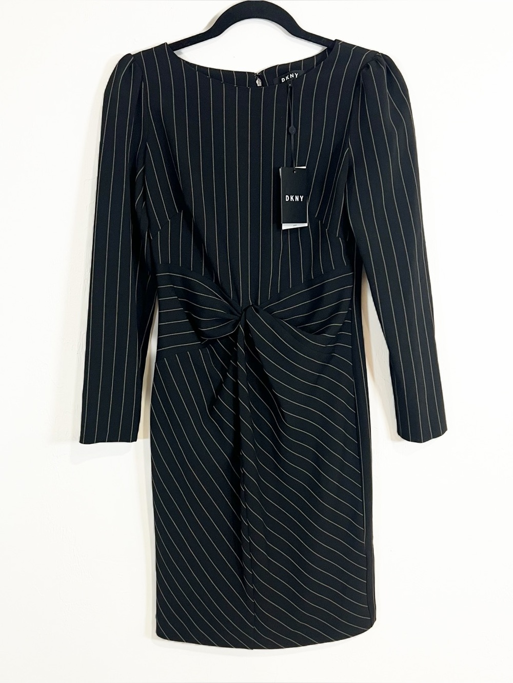 DKNY Pinstripe Twist Front Mini Dress Long Sleeves Black Size 2 NWT